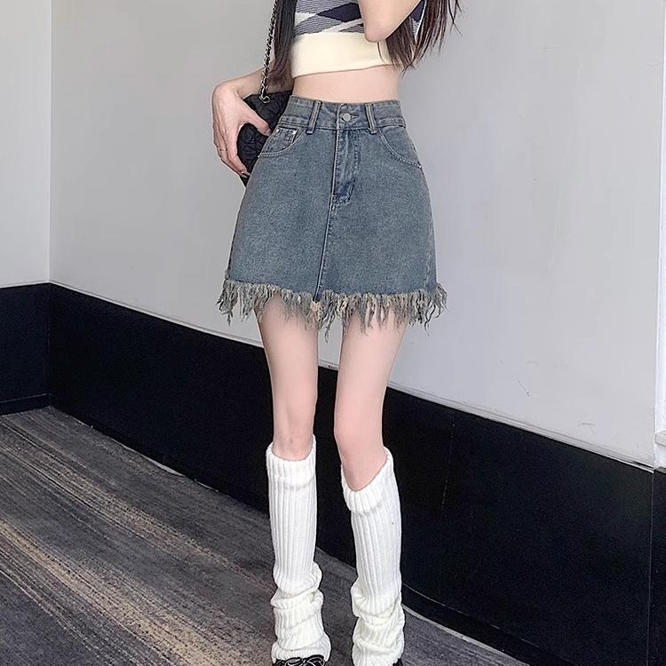 复古毛边包臀牛仔短裙女
