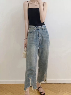 胖MM小个子宽松显瘦阔腿裤 大码 女春夏新款 高腰复古毛边直筒牛仔裤