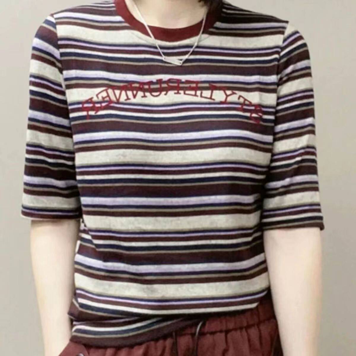 圆领中袖条纹T恤女2024秋季新款韩版时尚刺绣打底衫洋气百搭上衣