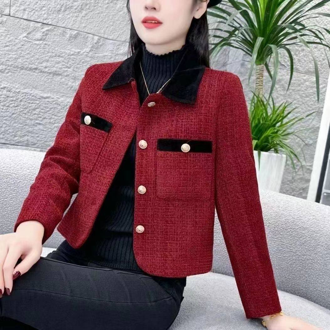 红色小香风加棉翻领外套女装轻奢高级感2024新款秋冬时尚洋气显瘦