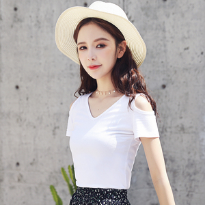 v领t恤女夏短袖修身纯棉漏肩性感紧身上衣女半袖露肩体恤打底衫潮