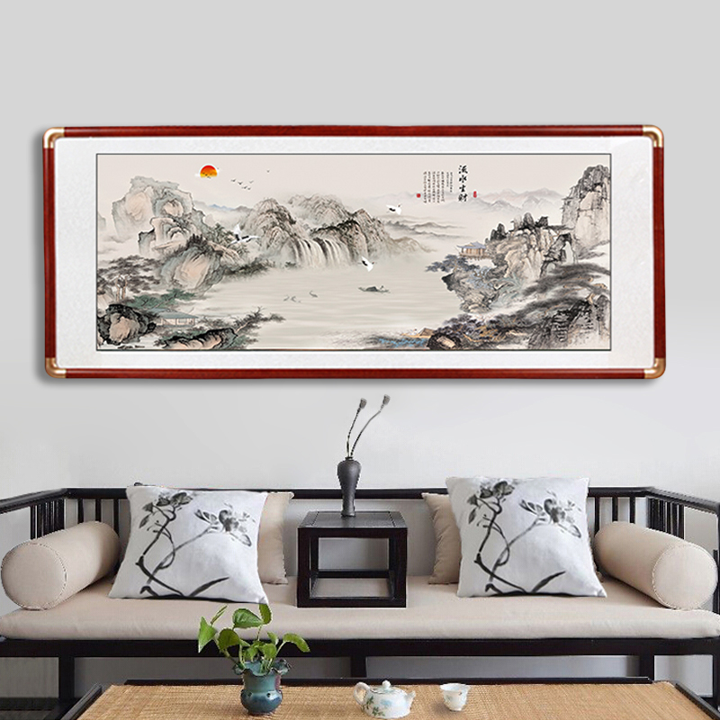 客厅沙发背景墙装饰画国画山水画新中式流水生财中式办公室挂墙画