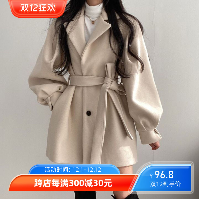 加厚毛呢子大衣女中长款秋冬宽松系带收腰外套跨境女装