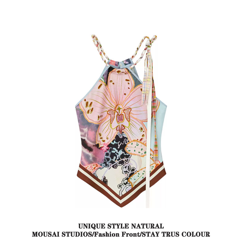 thumbnail for Woven halterneck contrasting front and back two wear satin loose camisoles women's summer resort style irregular top