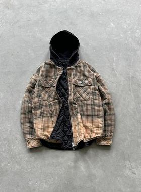 False Perception 褪色水洗黄格子连帽衬衫夹克黄色