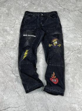 False Perception 卡哈特卡通涂鸦磨损破坏牛仔裤黑色