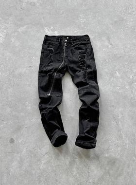 False Perception 水洗做旧破坏斜拉链直筒牛仔裤黑色