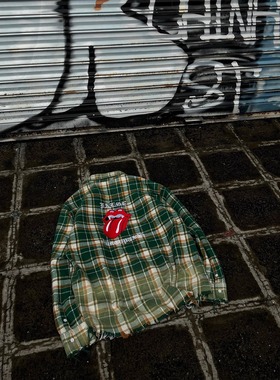 False Perception 褪色水洗格子破坏长袖衬衫绿色