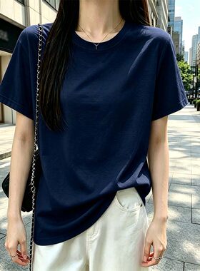 新款春夏简约短袖T恤纯色同款打底杉宽松圆领柔软亲肤夏季女装