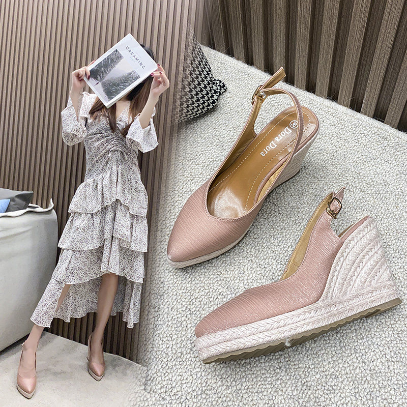 坡跟凉鞋女国风新款气质舒适后空时尚尖头草编厚底超高跟包头单鞋