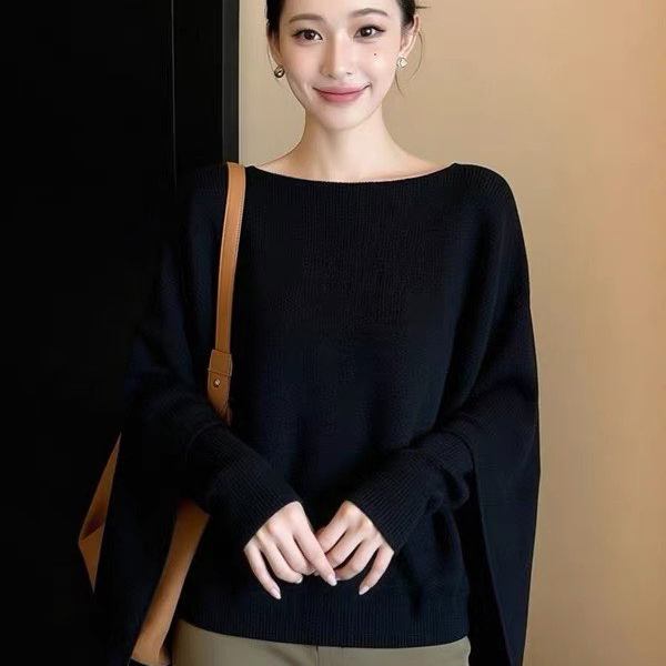 韩系松弛感圆领披肩假两件针织衫女秋冬学院宽松长袖内搭打底上衣