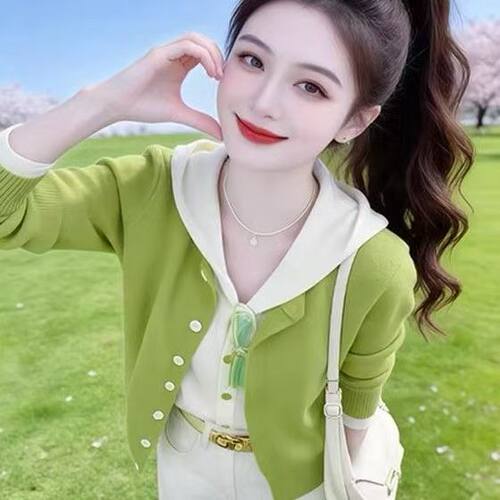连帽拼接假两件针织开衫上衣女