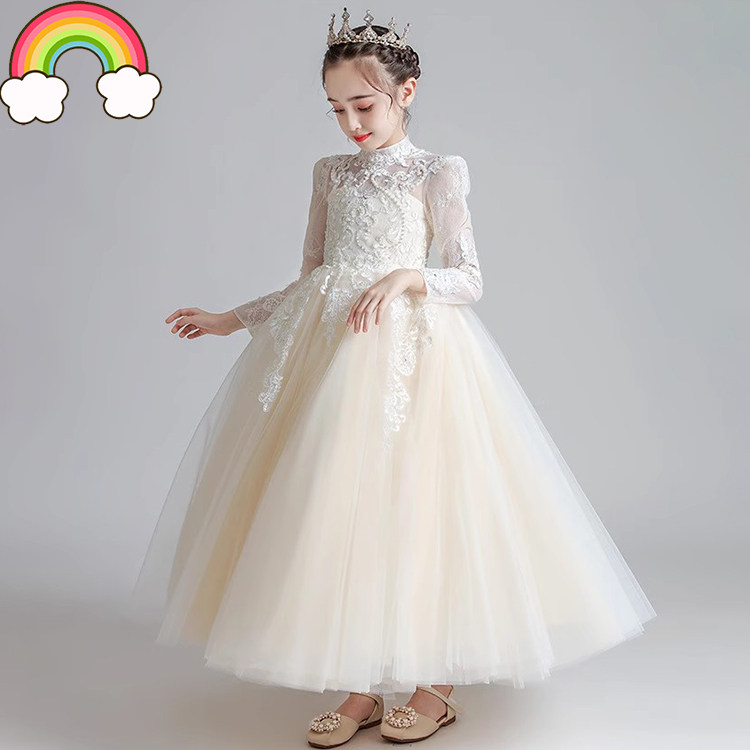 高定儿童公主裙礼服花童婚纱晚宴香槟色女童主持人钢琴演出长袖冬