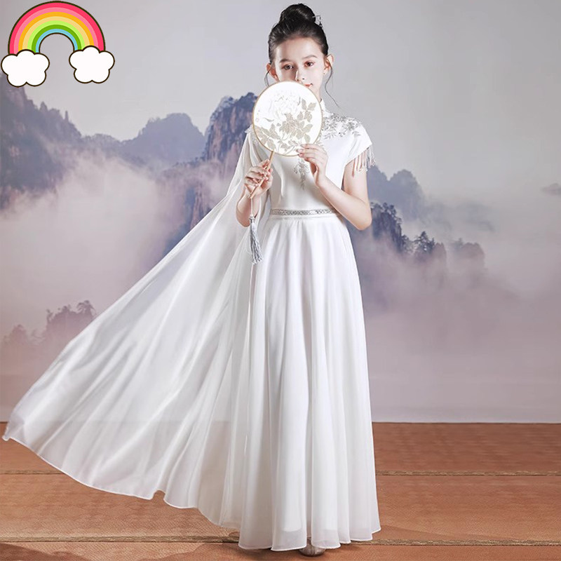 高端儿童古筝演出服2025新款女童中国风表演服艺考主持白色晚礼服