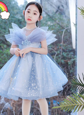 高端女童主持人礼服公主裙儿童唱歌演讲比赛花童蓝色钢琴演出走秀