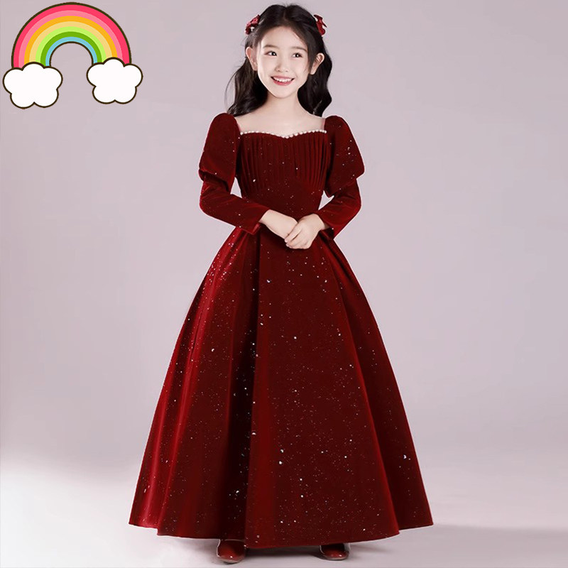 高端女童礼服公主裙轻奢钢琴演奏演出服儿童主持人红色冬季礼服冬