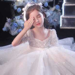 高定花童礼服白色公主裙儿童主持人2025新款女童唱歌演讲朗读比赛
