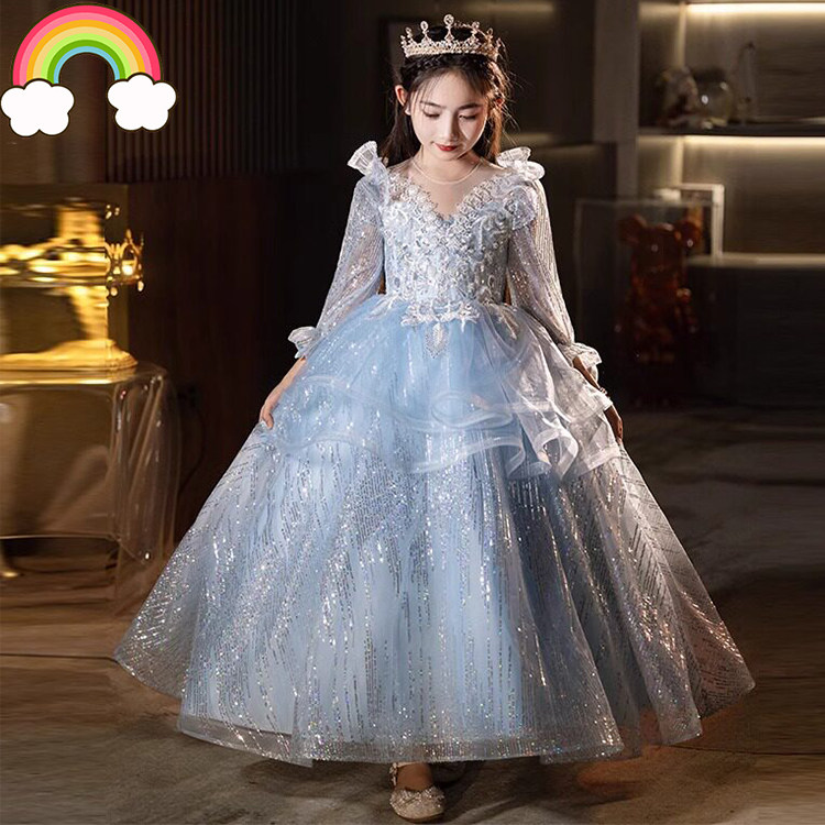 高端蓝色女童礼服公主裙轻奢小众蓝色儿童长袖主持人钢琴表演出服