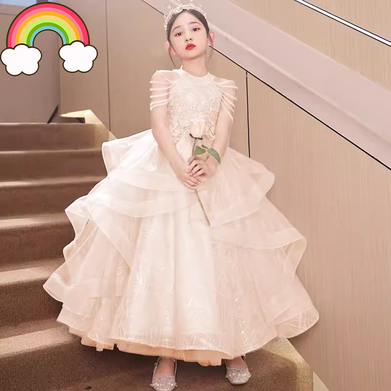 高端原创女童粉色挂脖生日公主裙唱歌主持人钢琴演奏儿童走秀礼服