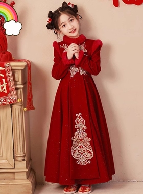 高端女童礼服红色公主裙冬季加绒儿童端主持人花童小女孩钢琴演出