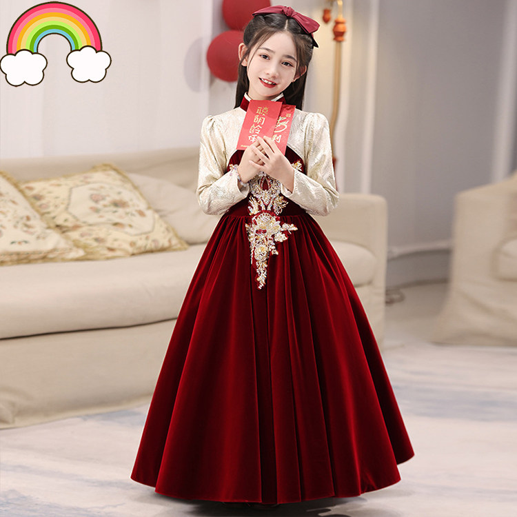 高端女童红色礼服生日公主裙儿童主持人花童婚礼小女孩钢琴演出服