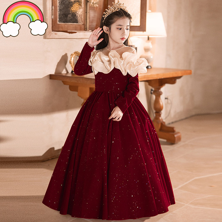 高端儿童礼服红色小众女童公主裙花童婚礼女孩主持人钢琴演出服