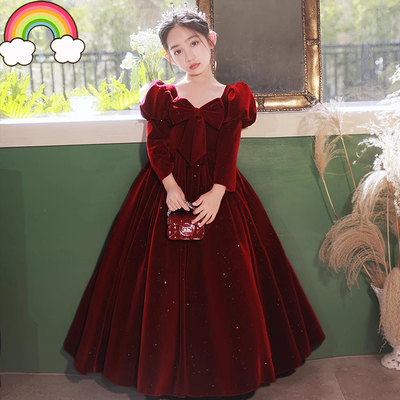 高端女童长袖礼服红色