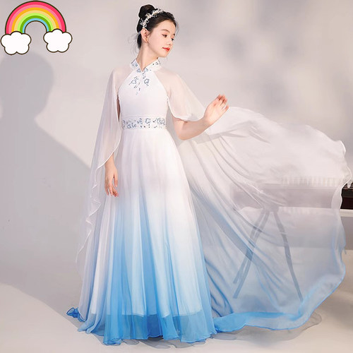 高端女童渐变古筝演出服中国风