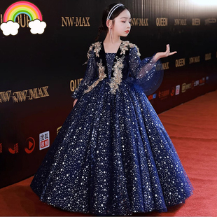 高定女童主持人长袖礼服走秀唱歌新年晚宴生日儿童公主裙钢琴演奏