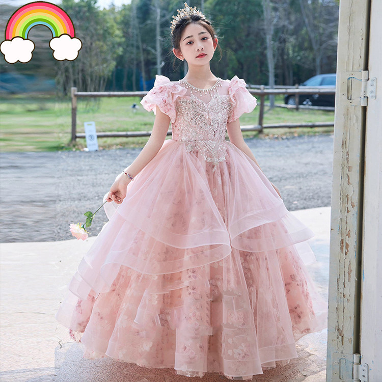 高端女童礼服生日绝美粉色女孩公主裙儿童端主持人钢琴演奏演出服