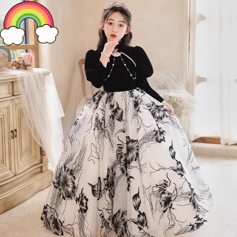 高端儿童礼服公主裙赫本风女童轻奢小众演讲比赛唱歌公主裙长袖冬