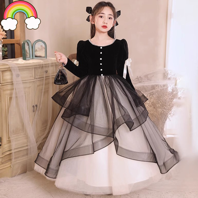 高端儿童礼服公主裙黑色小众高端主持人女童晚礼服钢琴演出服冬季