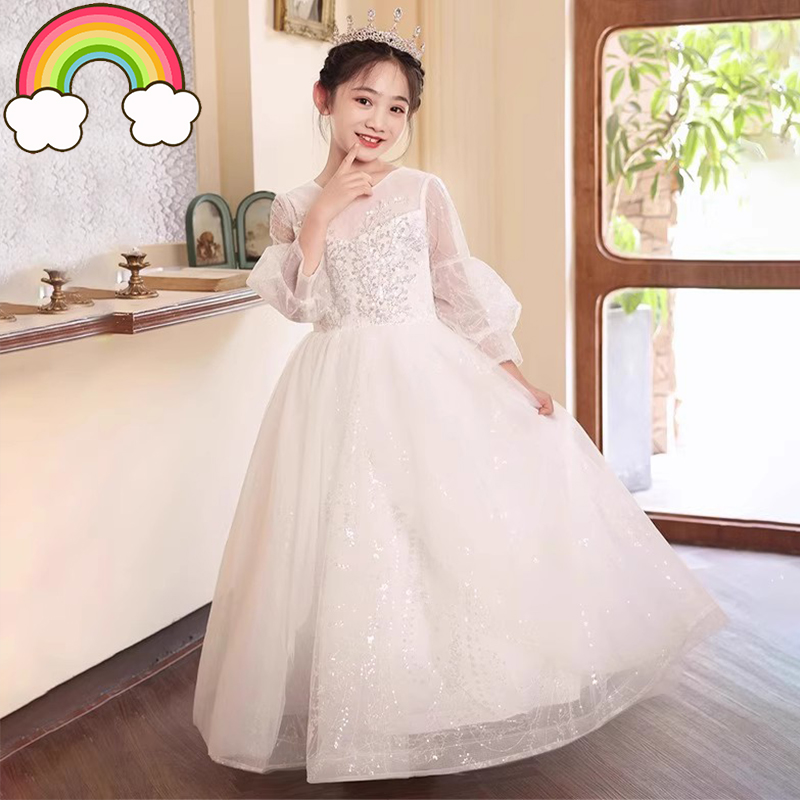 高端女童礼服长袖花童婚礼小女孩生日公主裙儿童主持人钢琴演奏冬