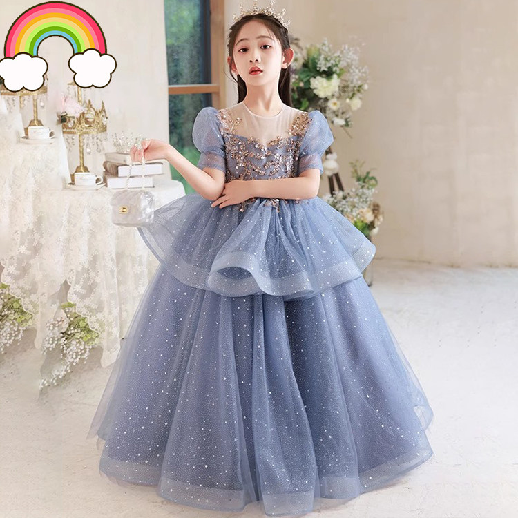 高端蓝色儿童礼服公主裙唱歌演讲比赛主持人原创女童蓬蓬钢琴轻奢