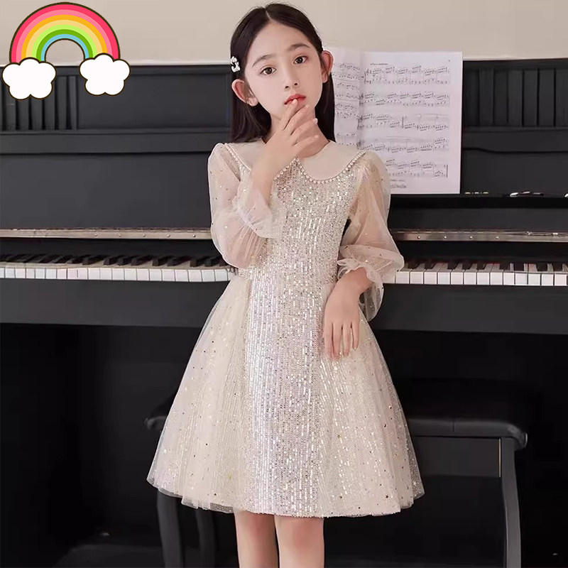 高端儿童礼服2025春秋新款长袖潮流日常钢琴演出礼服浅香槟女裙潮