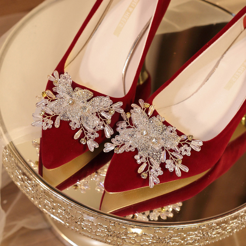 高级感高跟鞋女订婚鞋水晶串珠婚鞋不累脚大小码秀禾婚纱两穿单鞋