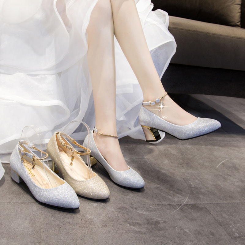 水晶高跟鞋低跟成年礼礼服鞋