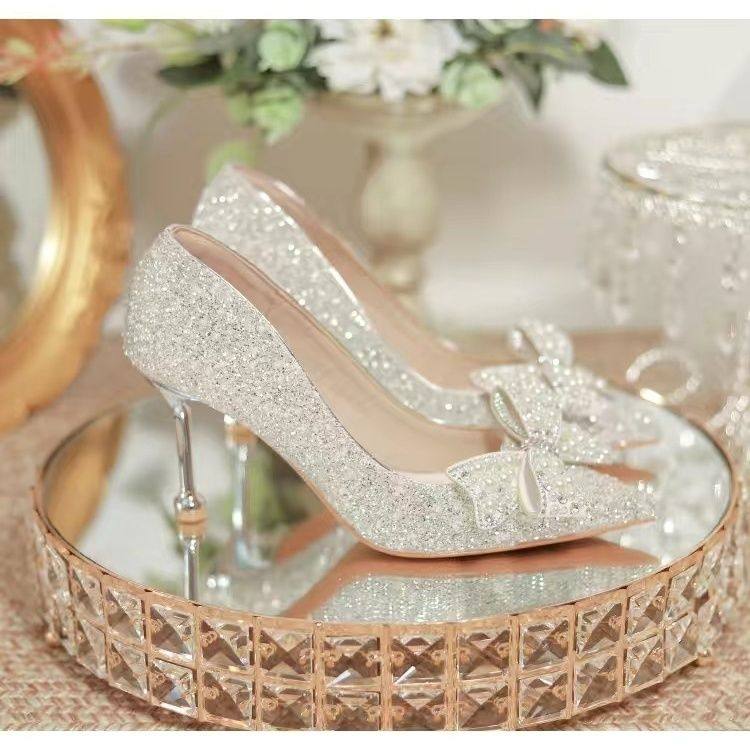 SILVER WEDDING SHOES BRIDAL SHOES 2024 NEW WHITE MAIN WEDDING DRESS XIUHE CRYSTAL SHOES FAIRY STYLE HIGH HEELS WOMENS STILETTO HEELS