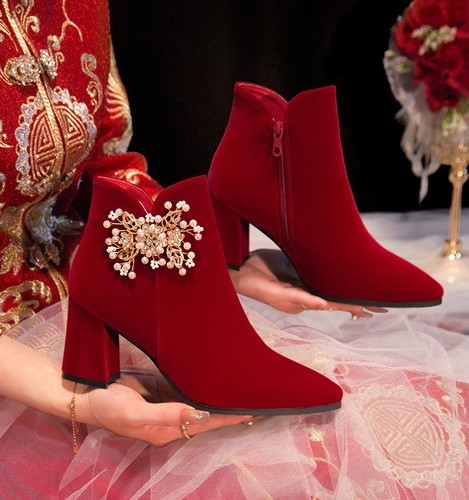 粗跟新娘鞋高跟短靴红鞋