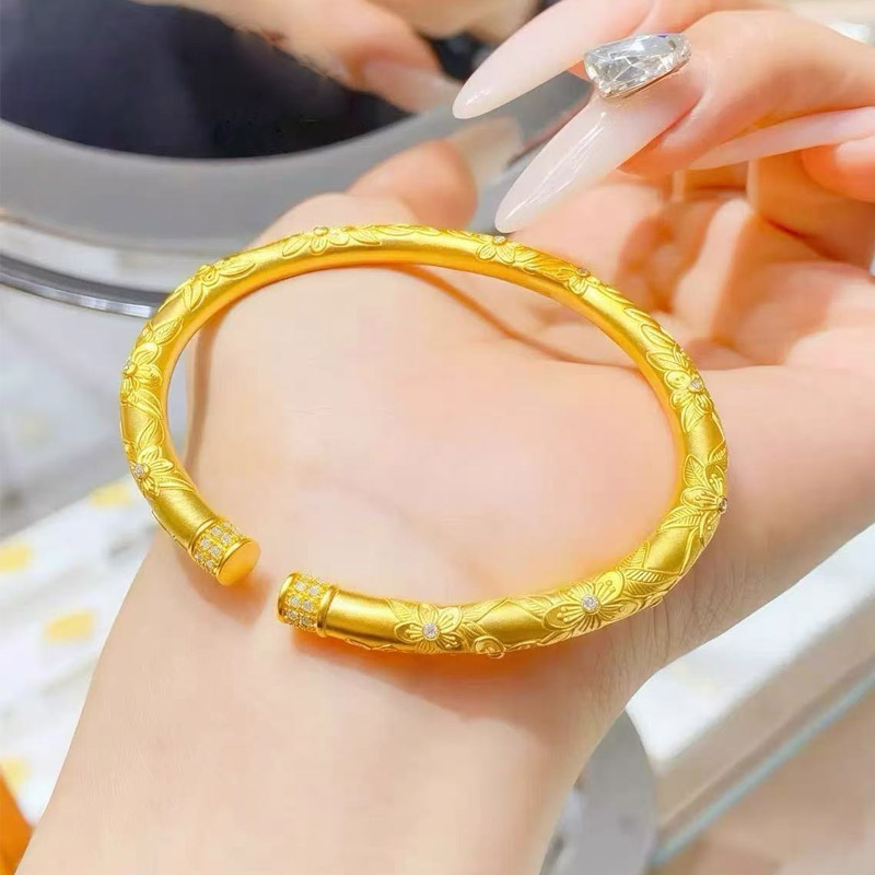 金店同款沙金仿真古法金色牡丹花手镯女新中式开口镯子百搭手环潮