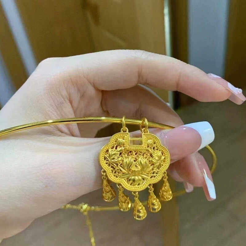 金店同款金色沙金仿真莲花锁包项圈脖圈花丝风铃同心莲流苏锁饰品