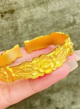 金店同款沙金繁花双喜富贵牡丹花手镯开口镯子仿真结婚三金女