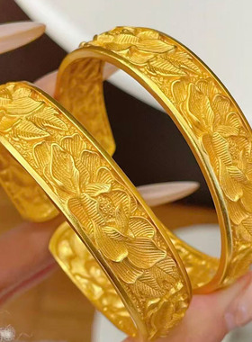 新中式国潮风古法金錾刻牡丹花手镯女实心开口宽版手环送女友礼物