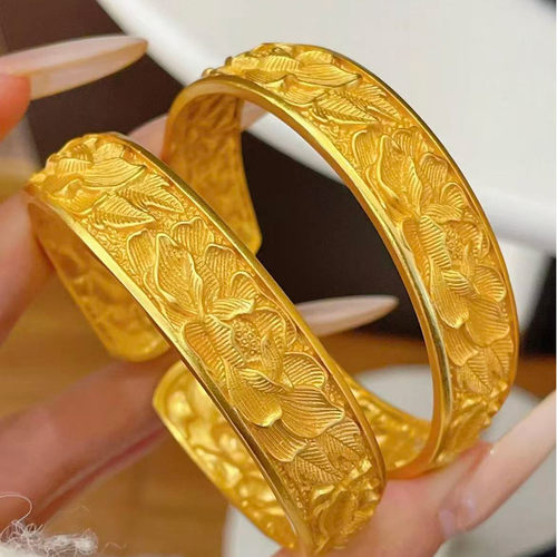 新中式国潮风古法金錾刻牡丹花手镯女实心开口宽版手环送女友礼物
