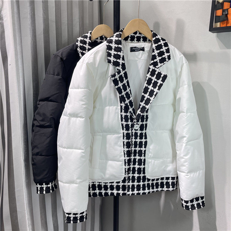 西服领棉服男士韩版痞帅潮流棉衣假两件棉袄千鸟格拼接领棉外套冬