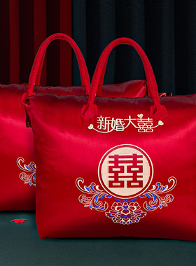 结婚陪嫁被子收纳袋婚庆红色喜被装棉被的手提缎面牛津包装袋子