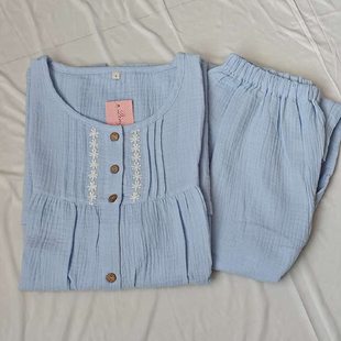 套装 清仓处理夏季 圆领开衫 女睡衣家居服纯棉双层纱绉布短袖 七分裤