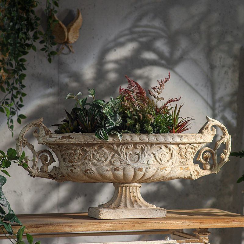 欧式复古树脂花盆椭圆形雕花装饰室内外绿植种植盆法式玄关桌饰品