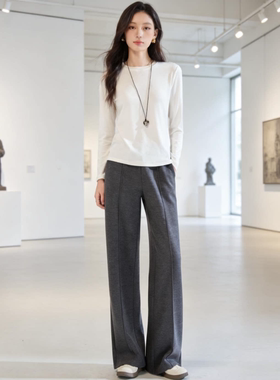 2026春秋羊毛醋酸休闲裤女加厚直筒阔腿裤灰色高腰肌理感垂感
