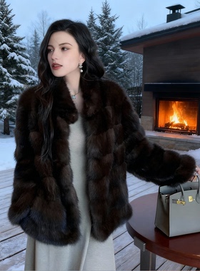 俄罗斯进口紫貂大衣女26新款 千金风满天星立领横排外套环保皮草